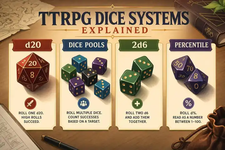 TTRPG Dice Systems Explained: d20, Dice Pools, 2d6, and Percentile