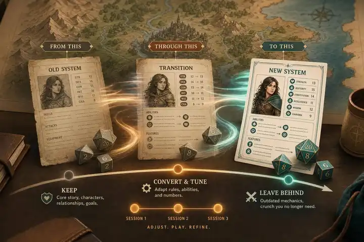 Switching TTRPG Systems Mid-Campaign: What to Keep, Convert, and Leave Behind
